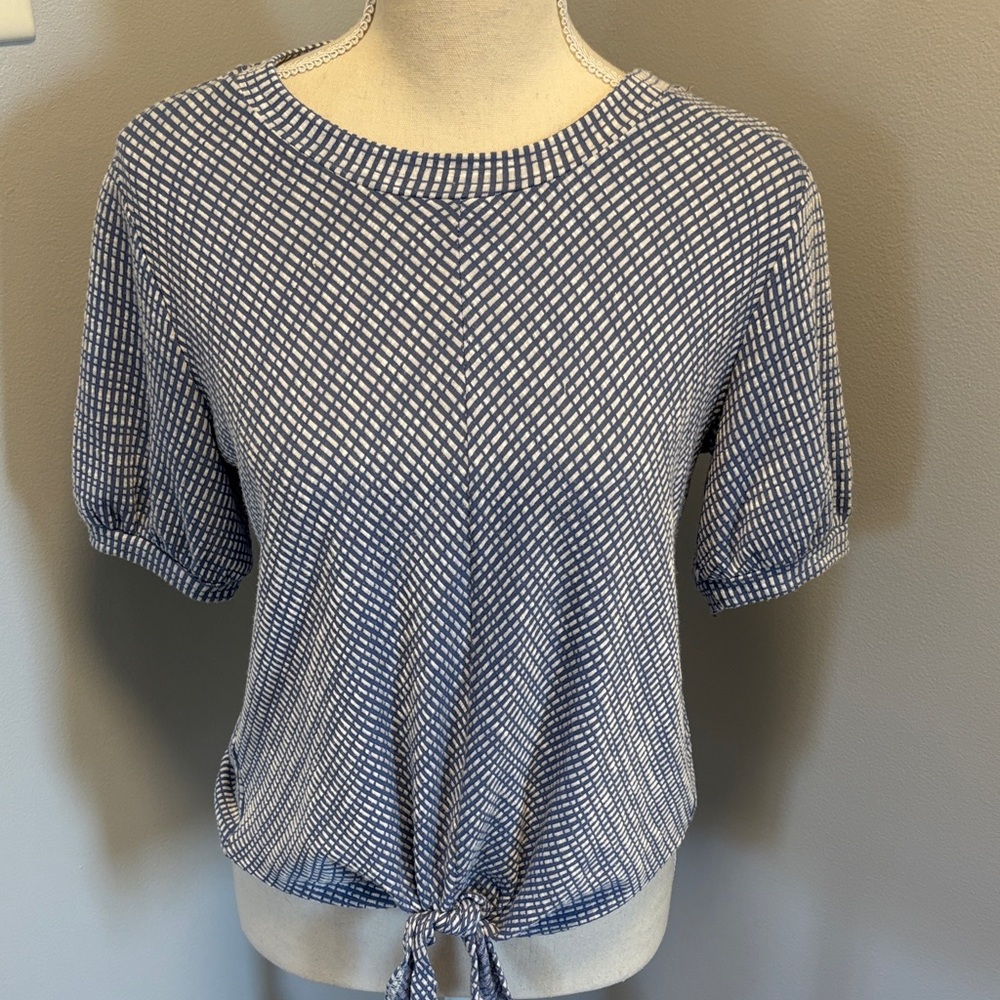 W5 Navy and White Checkered Tie-Front Top